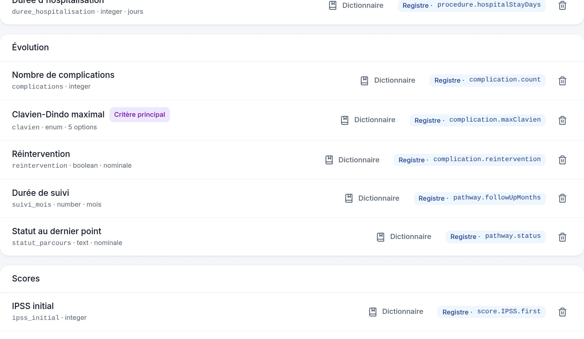 La fiche d'exploitation : chaque variable porte sa clé technique, son type, son unité et sa source de registre ; Clavien-Dindo maximal est marqué Critère principal.