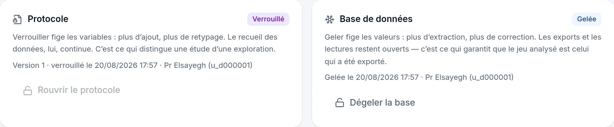 Le panneau de gouvernance : carte Protocole avec badge Verrouillé, carte Base de données avec badge Gelée, chacune datée et signée.